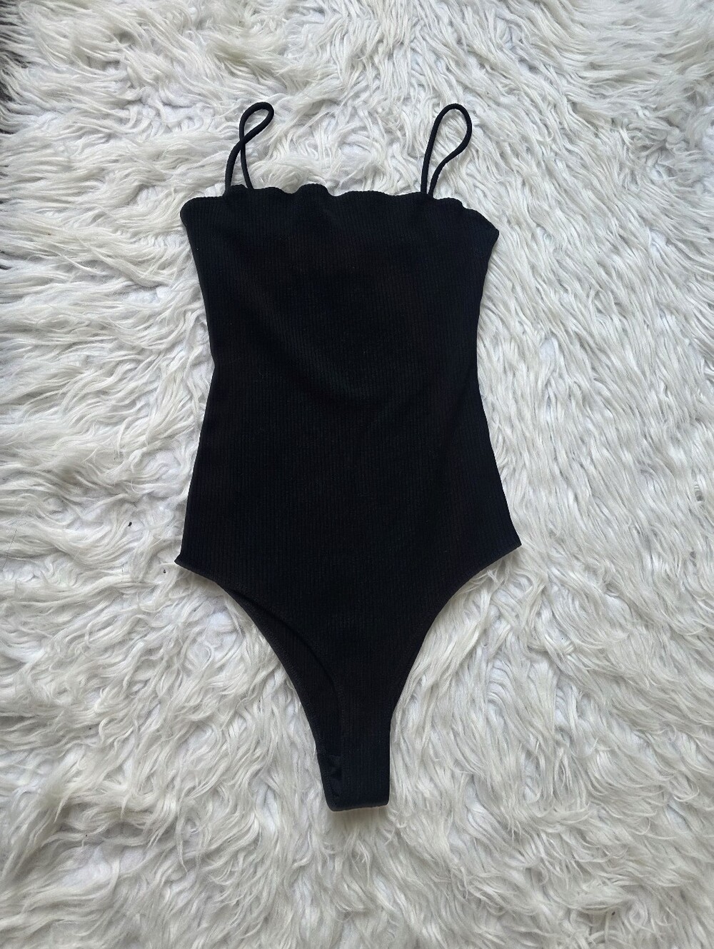 Reformation Black Ribbed Scallop-Edge Bodysuit